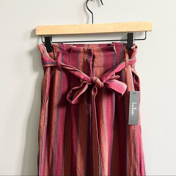 NWT Lulus Renfroe Burgundy Striped Pants Paper Bag Wide Leg Raw Hem Belted XS - Picture 5 of 11